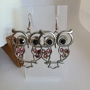 Owl Drop Dangle Earrings Silver Tone Pink Black Rhinestone Costume Jewelry